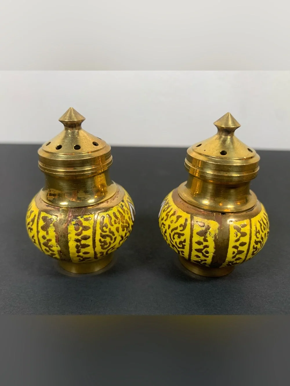 Vintage Enameled Brass Salt and Pepper Set Tray India